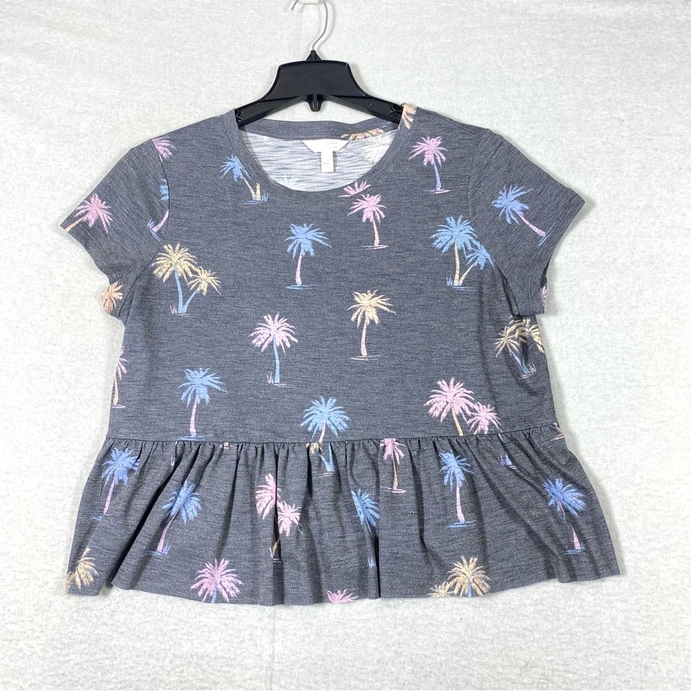 Lauren Conrad LC Peplum Tee Women's PXL Gray Palm Tree Tropical Cottage Beachy